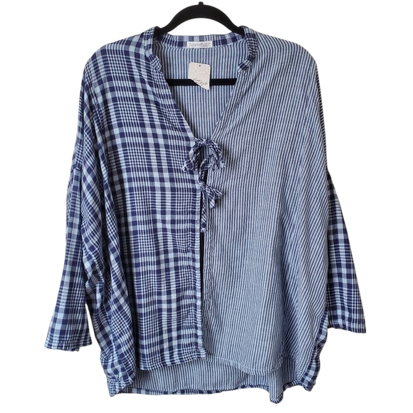RARE New Free People x CP SHADES Boxy Bed Jacket Top plaid blue Boho - Picture 2 of 11